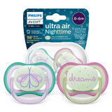 Avent Ultra Air Night, chupete calmante, silicona, simétrico, brilla en la oscuridad, niña, SCF376/19, 0-6 meses, 2 piezas