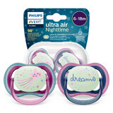 Avent Ultra Air Nighttime, chupete calmante, silicona, simétrico, brilla en la oscuridad, niña, SCF376/14, 6-18 meses, 2 piezas