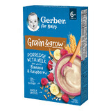 Gerber Grain &amp; Grow Haver en Tarwe pap, banaan, framboos, melk, zonder toegevoegde suiker, na 6 maanden, 200 g