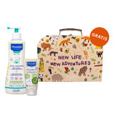 Set Mustela Stelatopia, gel de spălare pentru corp de la naștere, 500 ml + cremă hidratantă pentru față și corp, de la naștere, 150 ml + cutie, 1 gratuit