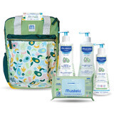 Mochila Mustela Layout, gel limpiador, 500 ml + agua limpiadora, 500 ml + leche corporal, 300 ml + toallitas húmedas, 60 unidades