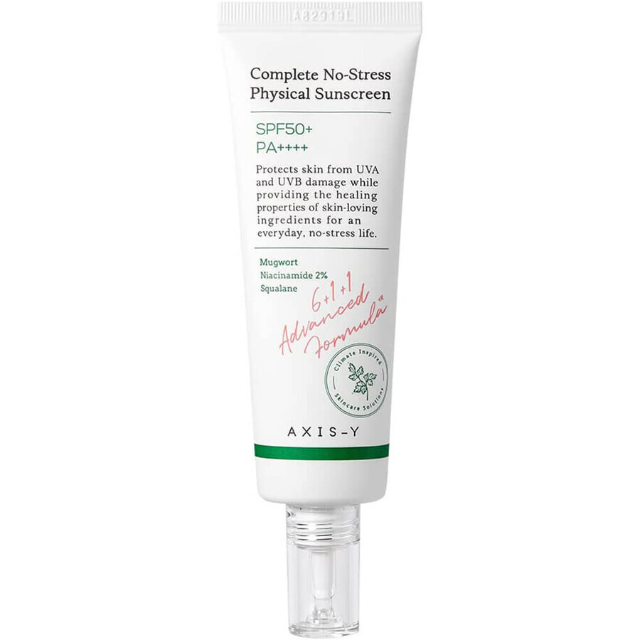 Complete No-Stress Physical Sunscreen - Crema facial con protección solar mineral SPF50+ y 2% de niacinamida, AXIS-Y, 50 ml