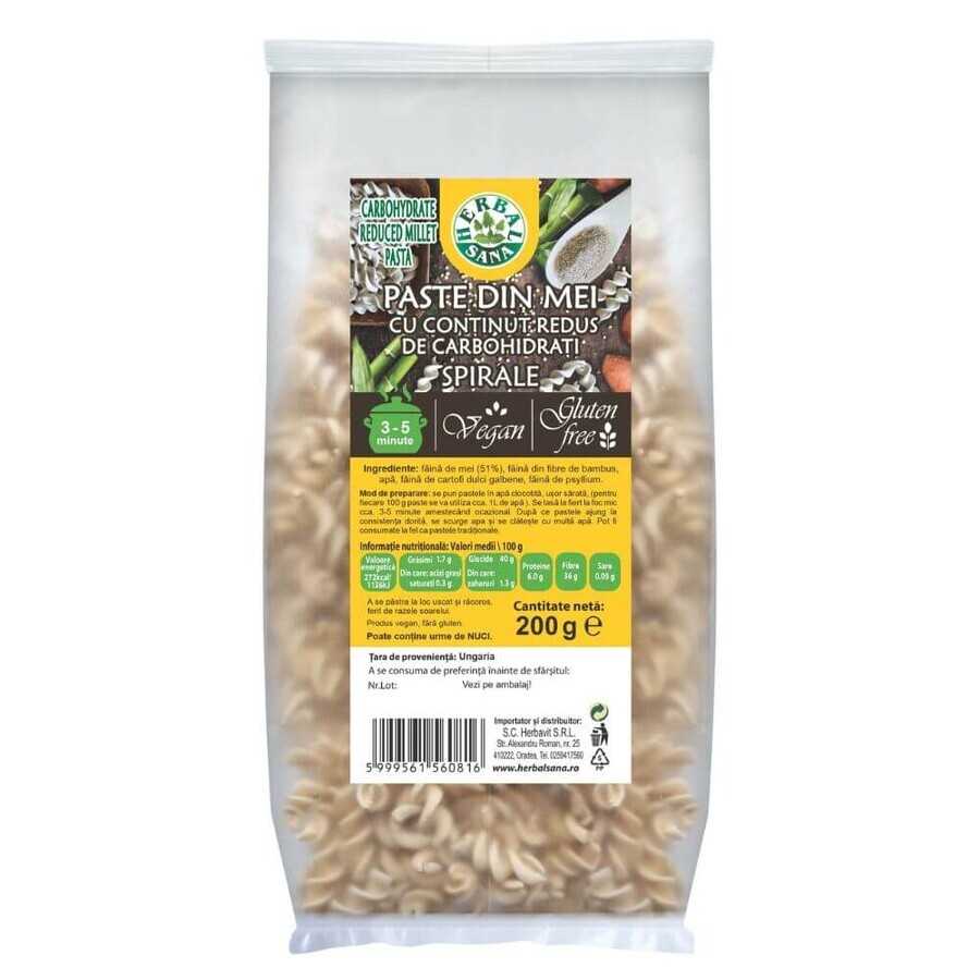 Paste din mei cu continut redus de carbohidrati, spirale, 200 g, Herbal Sana