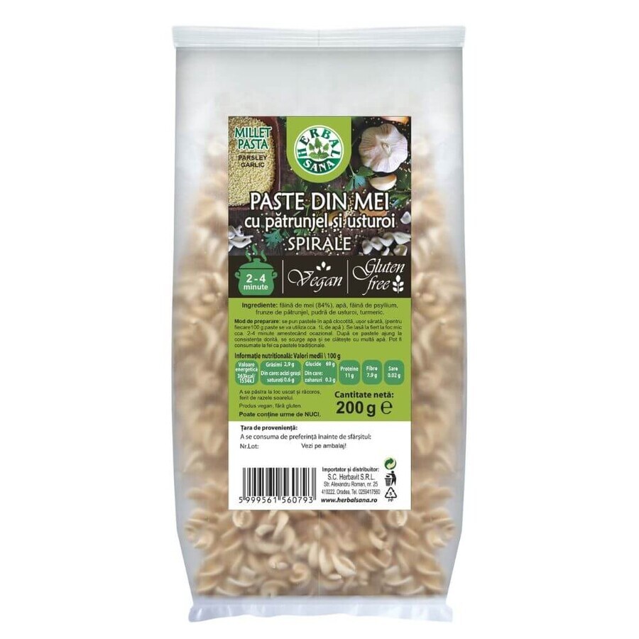 Pâtes de millet au persil et à l'ail, spirales, 200 g, Herbal Sana