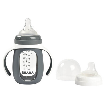 Bouteille en verre 2 en 1 pour l'apprentissage, 210 ml, Mineral Grey, Beaba