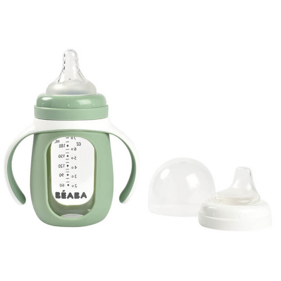 Bouteille en verre 2 en 1 pour l'apprentissage, 210 ml, vert sauge, Beaba