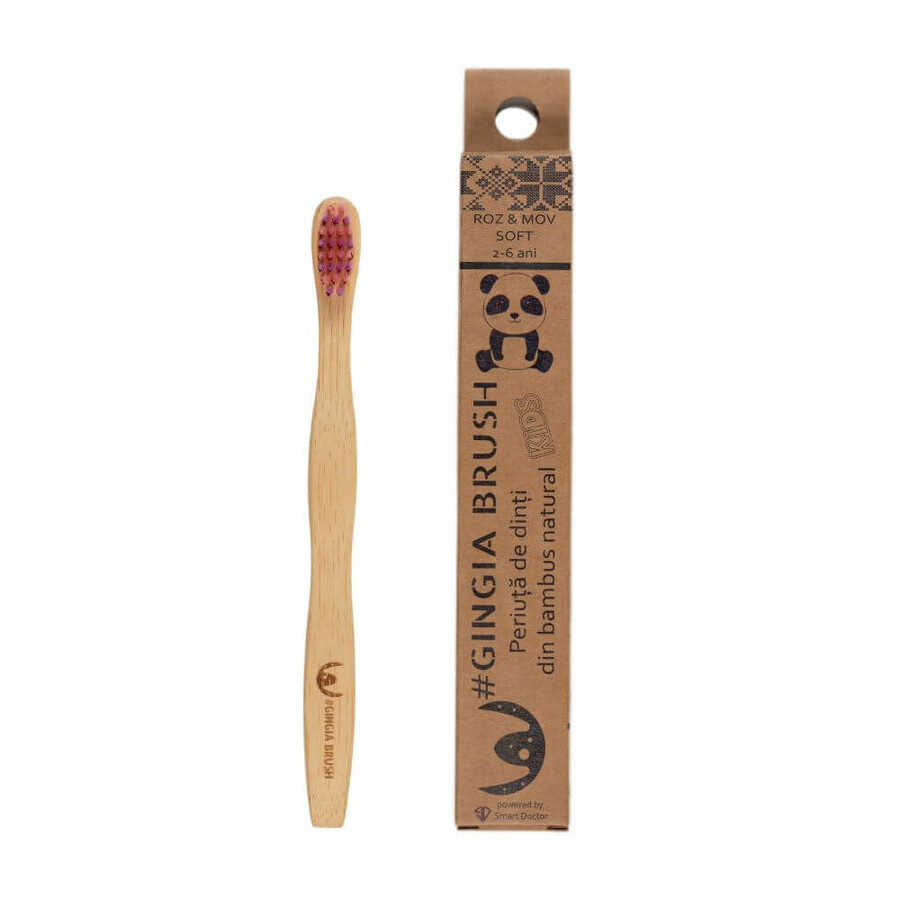 Brosse à dents en bambou pour enfants, 2+ ans, souple, rose-mov, 1 pièce, Gingia