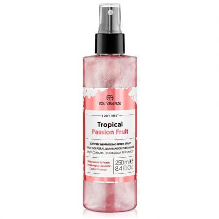 Spray corporal iluminador con fruta de la pasión, grosella negra y melocotón Fruta de la pasión tropical, 250 ml, Equivalenza