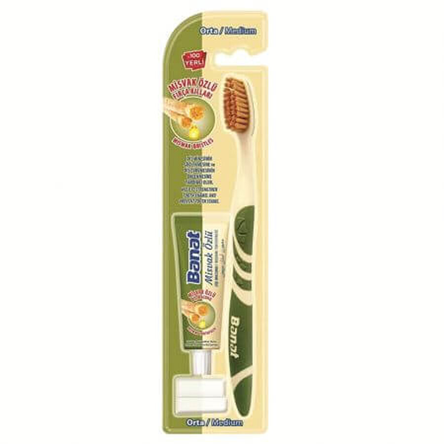 Reiseset Miswak Zahnbürste, Medium, 1 Stück + Zahnpasta, 15 ml, Banat