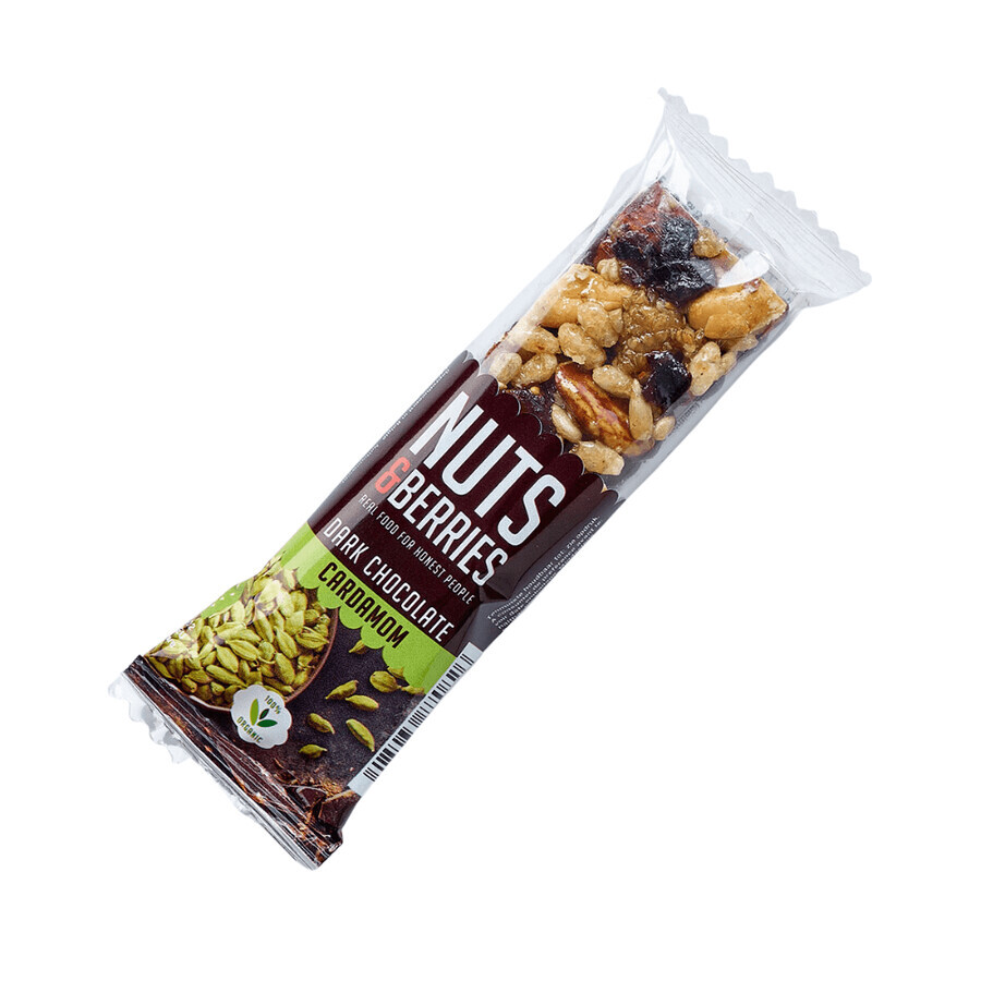 Barrita crujiente ecológica con nueces, chocolate negro y cardamomo, 40 g, Nutsandberries