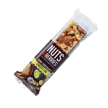 Barrita crujiente ecológica con nueces, chocolate negro, jengibre y lima, 40 g, Nutsandberries