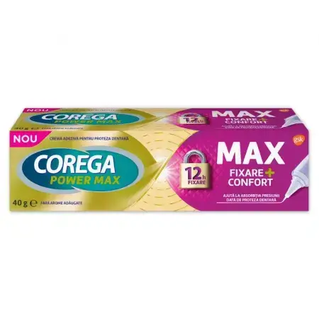 Corega Power Max Fijación+Confort Crema adhesiva para dentaduras postizas, 40 g, Gsk