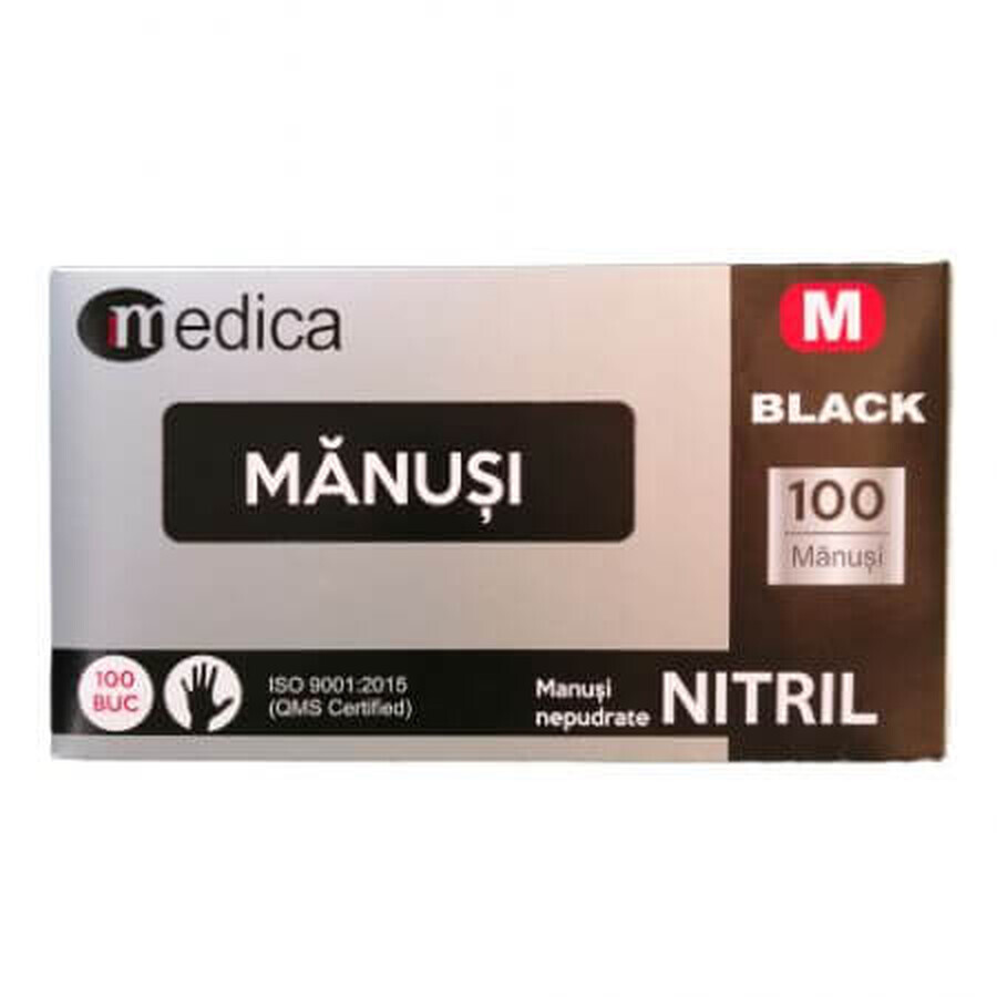 Guanti in nitrile neri senza polvere, M, 100 pezzi, Medica