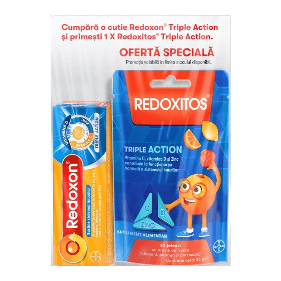 Redoxon Triple Action Vitamine C, D et Zinc Pack, 10 comprimés + Redoxitos Triple Action Vitamine C Jelly 30 mg, 25 pièces, Bayer