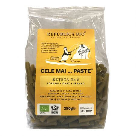 Paste eco, fara gluten, din porumb, ovaz, spanac Reteta nr. 6, 250 g, Republica Bio