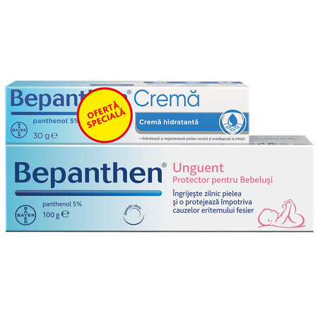 Bepanthen Pomada para la dermatitis del pañal, 100 g + Bepanthen Crema con Pantenol 5%, 30 g,, Bayer