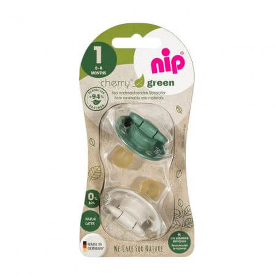 Set di 2 ciucci con tettarella in lattice naturale Cherry Green Boy, 0 - 6 mesi, Nip