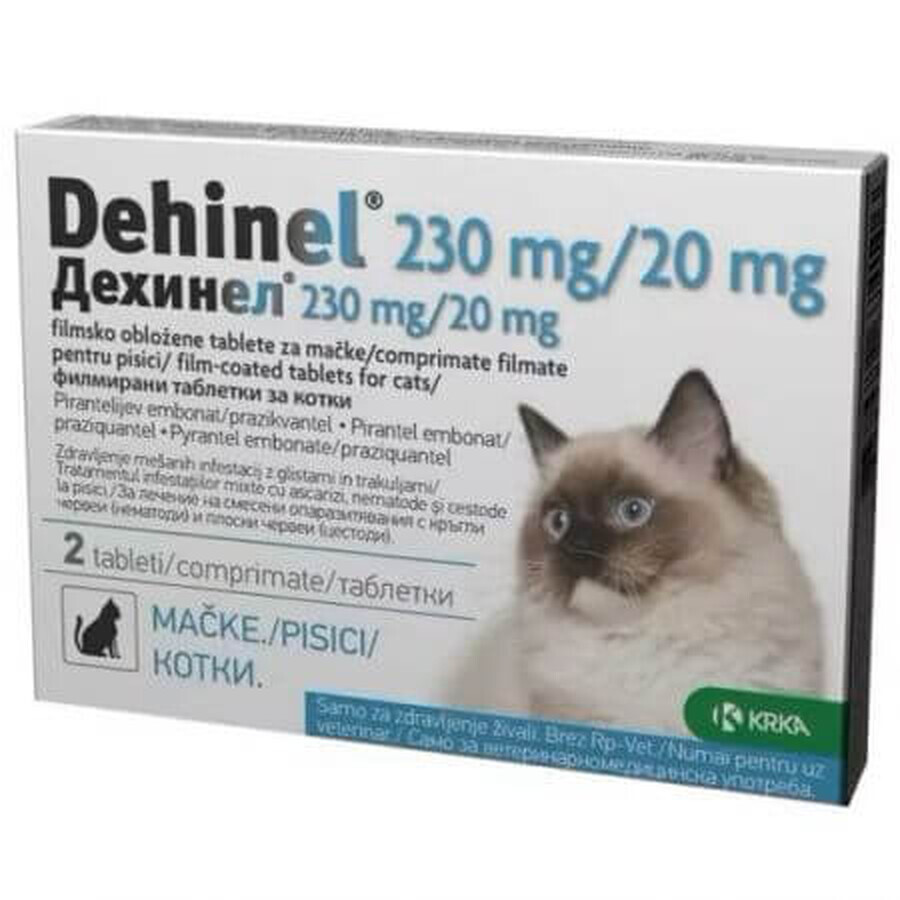 Dehinel antiparasitario interno para gatos, 230 mg/20 mg, 2 comprimidos recubiertos con película, KRKA