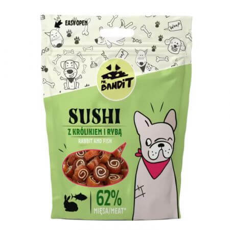 Premios de sushi de conejo y pescado para perros, 80 g, Mr Bandit