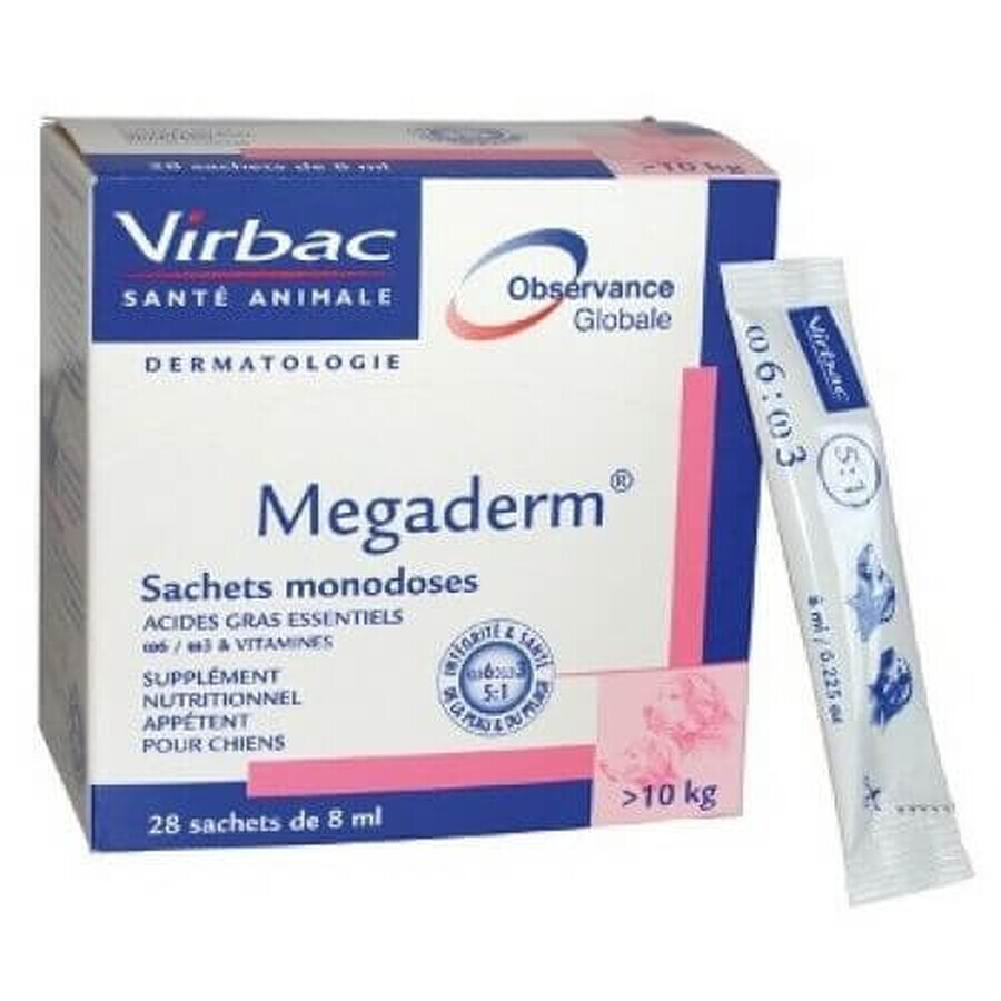 Suplemento dietético con ácidos grasos esenciales para ayudar a mejorar la calidad del pelaje en perros y gatos de más de 10 kg Megaderm 8 ml, 28 sobres, Virbac