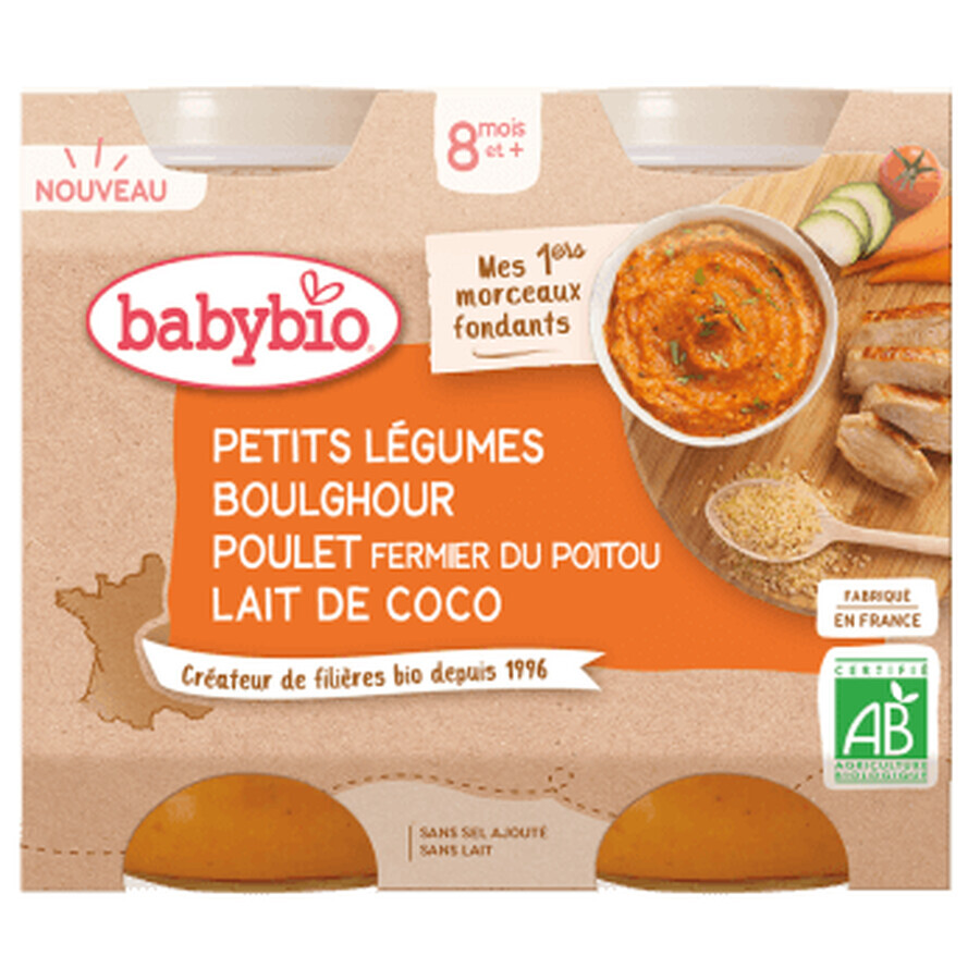 Puré de verduras ecológico con bulgur, pollo y crema de coco, 2x200 g, BabyBio