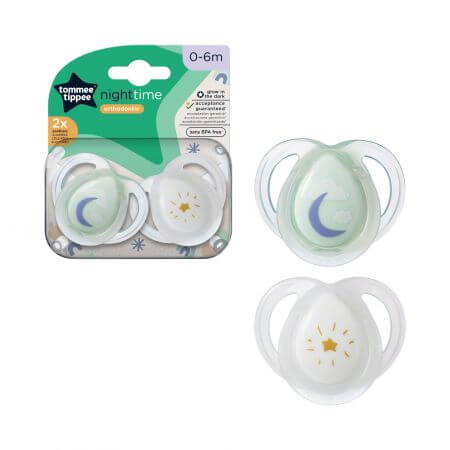 Chupetes de noche ortodónticos, 0 - 6 meses, Blanco / Verde, 2 pzs, Tommee Tippee