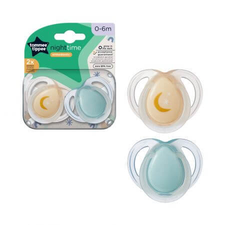 Chupetes ortodónticos de noche, 0 - 6 meses, Naranja / Verde, 2 pzs, Tommee Tippee