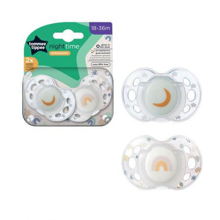 Sucettes de nuit orthodontiques, 18 - 36 mois, Lune / Arc-en-ciel, 2 pièces, Tommee Tippee