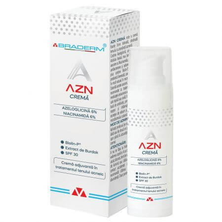 Crema coadyuvante en el tratamiento de la piel acneica AZN, 30 ml, Braderm