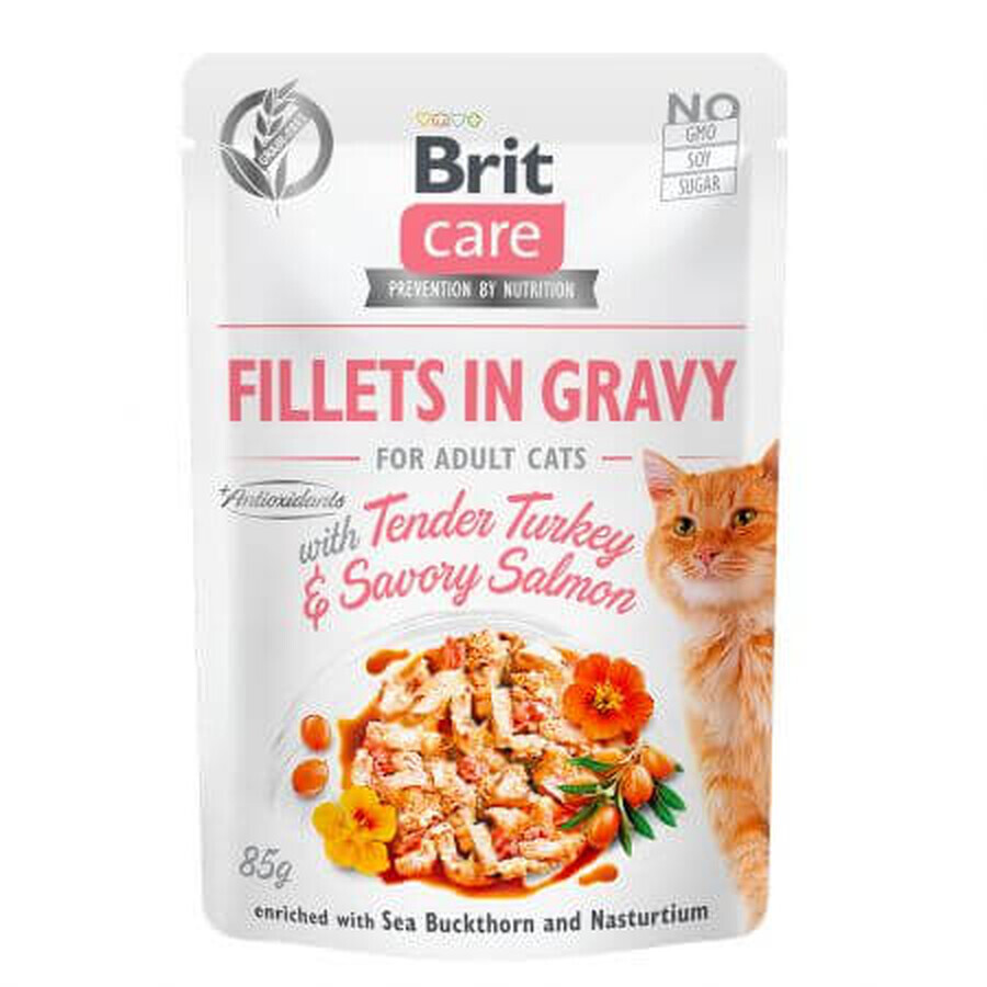 Brit Care Filets in Jus Met Malse Kalkoen en Hartige Zalm, 85 g, Brit