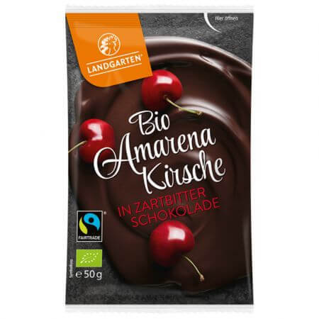 Cerezas amargas ecológicas envueltas en chocolate negro, 50 g, Landgarten