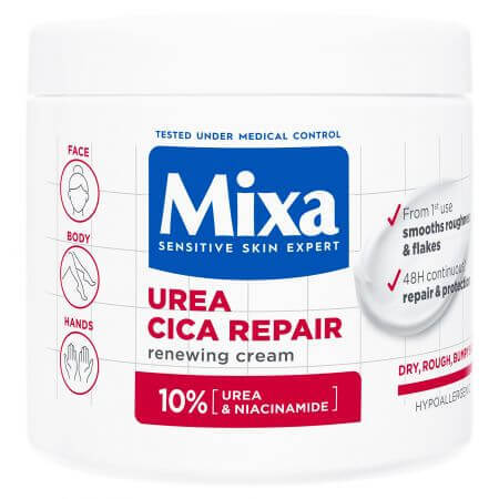 Crema regeneradora facial y corporal con 10% Urea y Niacinamida Cica Repair, 400 ml, Mixa