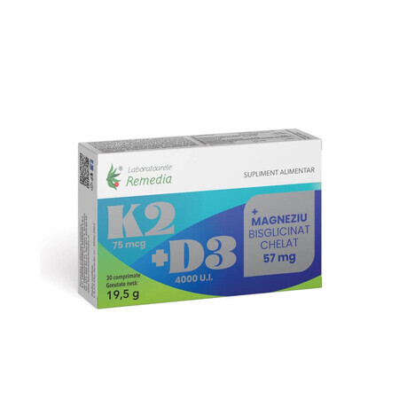 K2+D3+Quelato de magnesio bisglicinato, 57 mg, 30 comprimidos, Remedia