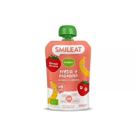 Puré de plátano y fresa ecológico, +6 meses, 100 g, Smileat