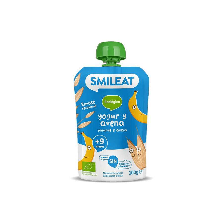 Puré de plátano ecológico, yogur y avena, +9 meses, 100 g, Smileat