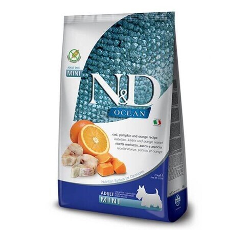 Complete dry food of cod meat, pumpkin and oranges for small adult dogs N&D Ocean, 2.5 kg, Farmina