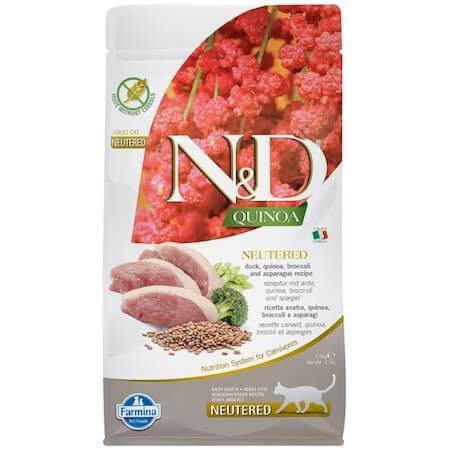 Dry food with duck, broccoli, asparagus and quinoa for cats N&D Sterilized, 1.5 kg, Farmina