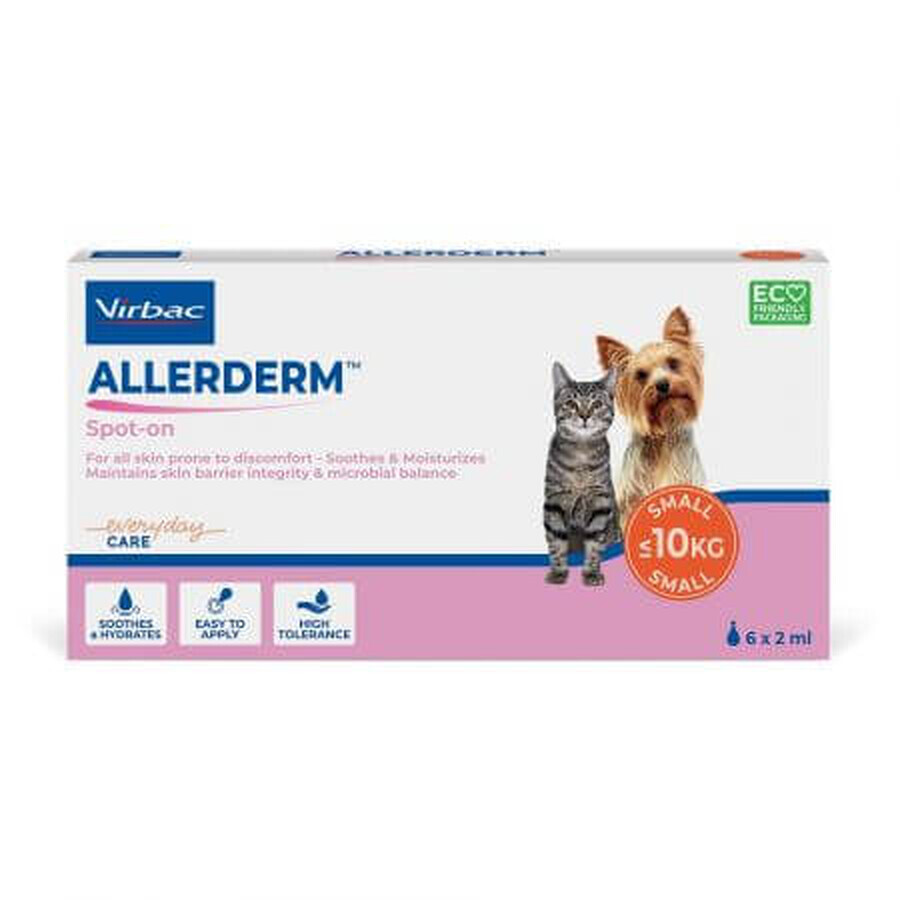 Producto dermatológico para aplicación dérmica en perros y gatos de menos de 10 kg Allerderm Spot On, 6 pipetas x 2 ml, Virbac