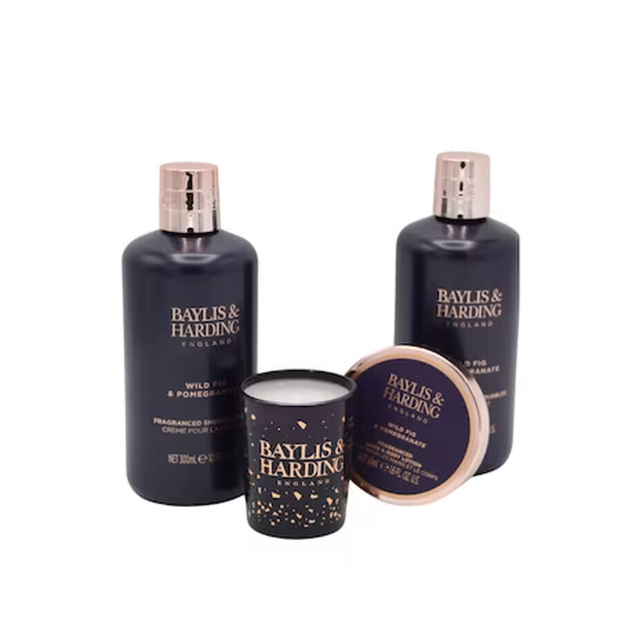 Set da 4 Baylis & Harding, Donna, Bagnoschiuma 300 ml, Crema doccia 300 ml, Lozione mani e corpo 50 ml, Candela profumata 60 g, Estratto di melograno, Fico