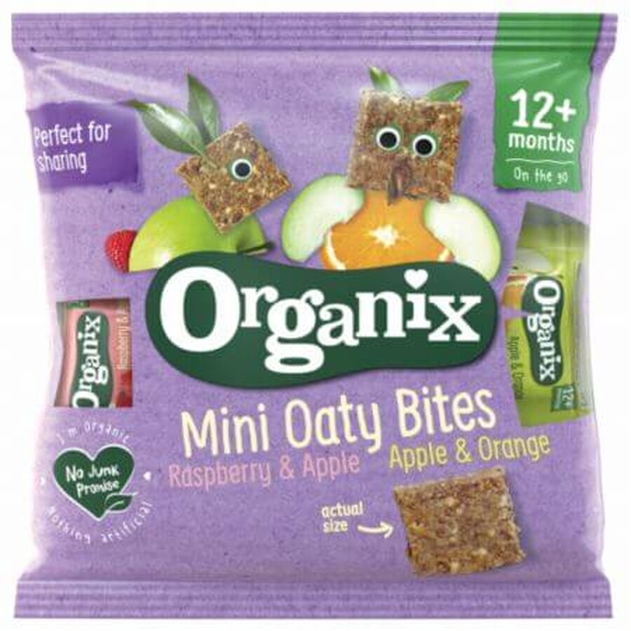 Mini barritas ecológicas de avena, manzanas y frambuesas, manzanas y naranjas, +12 meses, 110g, Organix