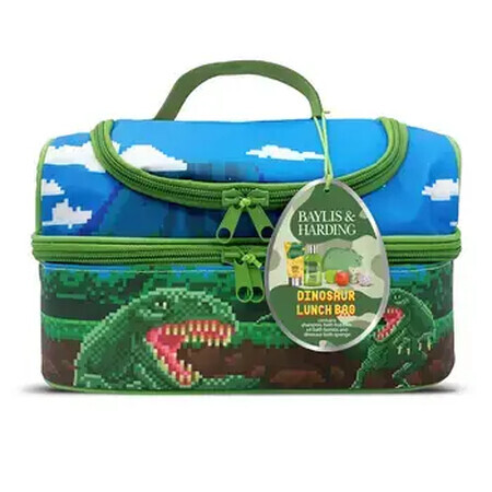 Set de dinosaurio: bolsa de almuerzo con estampado de dinosaurio, esponja de baño con forma de dinosaurio, espuma de baño, 100 ml, bola de baño efervescente, 4 bolas x 20 g, champú, 30 ml, BAYLIS &amp; HARDING