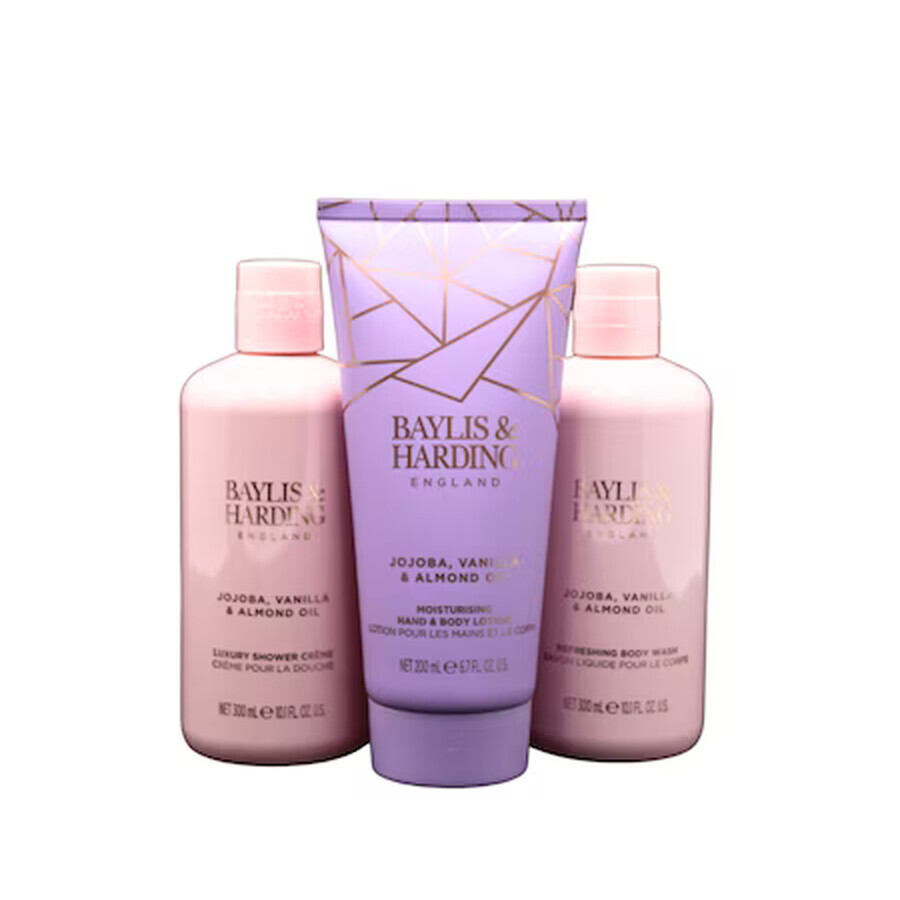 Baylis &amp; Harding Set 3 Piezas, Mujer, Gel de Ducha 300 ml, Crema de Ducha 300 ml, Loción para Manos y Cuerpo 200 ml, Extracto de Aceite de Almendras, Vainilla, Jojoba