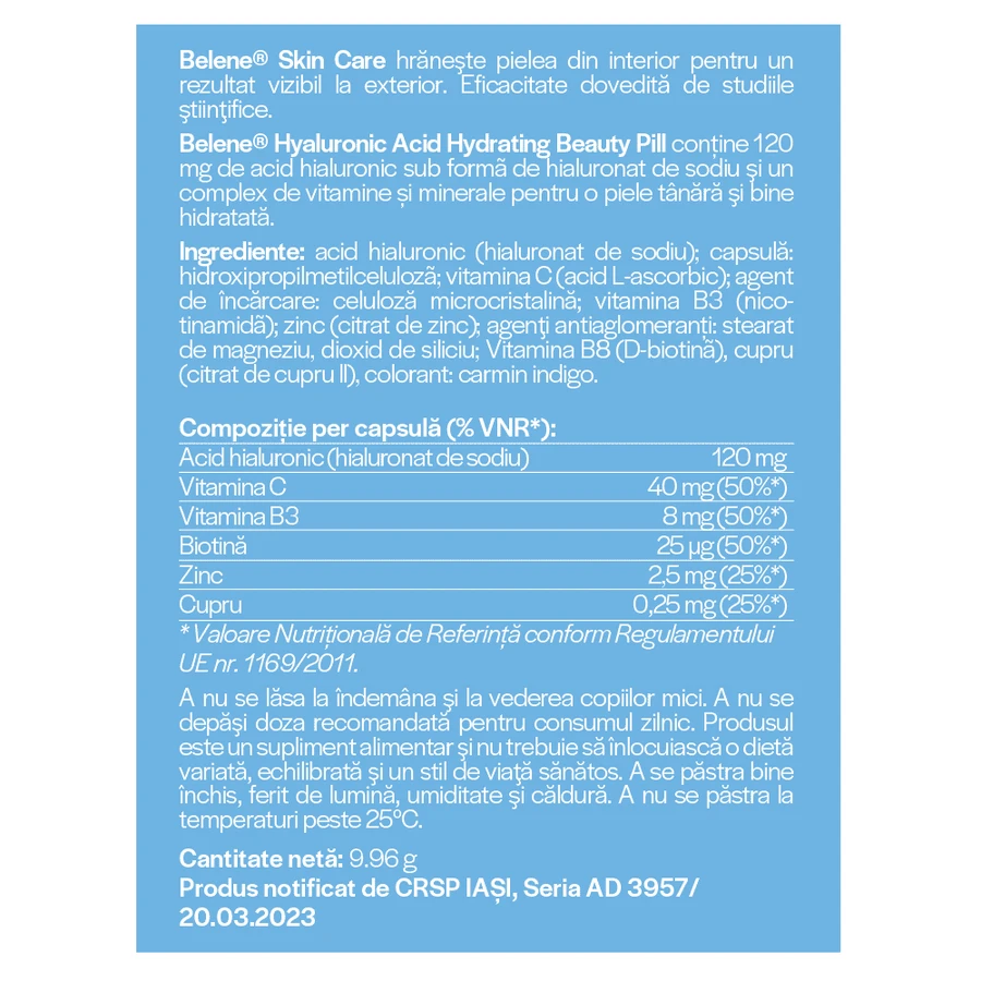 Píldora de Belleza Ácido Hialurónico, 30 cápsulas, Belene