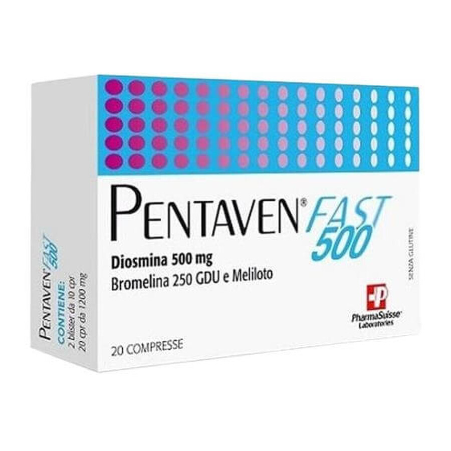 Pentaven Fast 500, 20 comprimidos - Complemento alimenticio a base de diosmina, bromelina, sulfina y mesteacán, Laboratorios Pharma Suisse