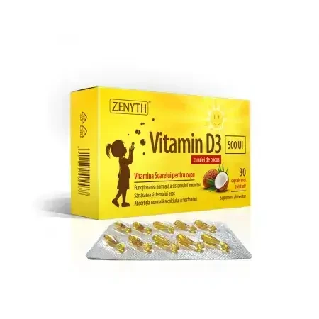 Vitamina D3 para niños, 500 UI, 30 cápsulas, Zenyth