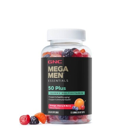 Mega Men® Essentials Gummy Multivitamin 50 Plus, Gominolas multivitamínicas para hombres mayores de 50 años con sabor a frutas variadas, 120 gominolas,GNC 