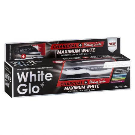 Dentifricio al carbone attivo Charcoal + bicarbonato di sodio Maximum White, 100 ml, White Glo