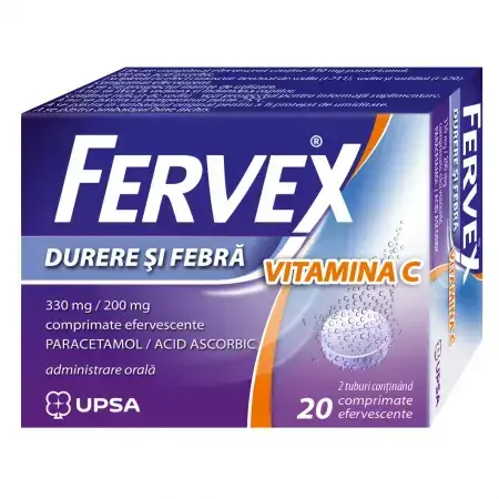 Fervex Durere si Febra Vitamina C, 330 mg/ 200 mg, 20 comprimate efervescente, Upsa