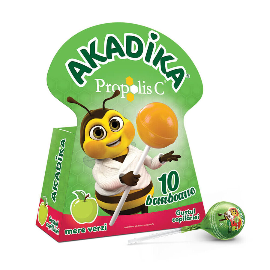 Piruletas Akadika Propolis C con manzanas verdes, 10 piezas, Fiterman Pharma