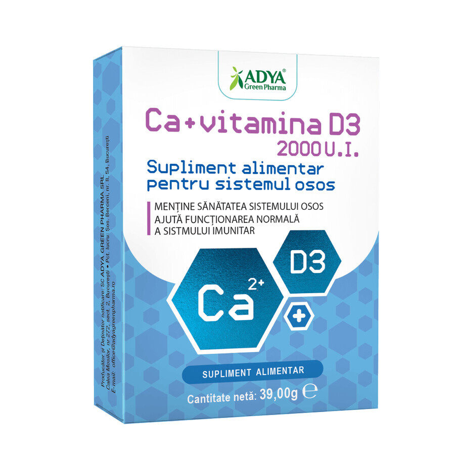 Calcio + Vitamina D3, 30 comprimidos, Adya Green Pharma